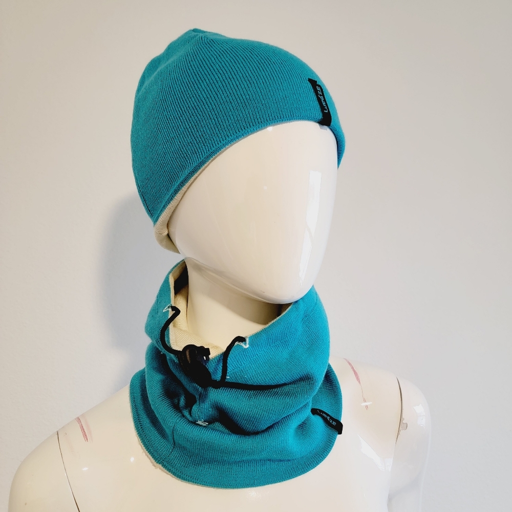 Reversible Teal Blue and Cream Drawstring Gaiter and Beanie Unisex One Size